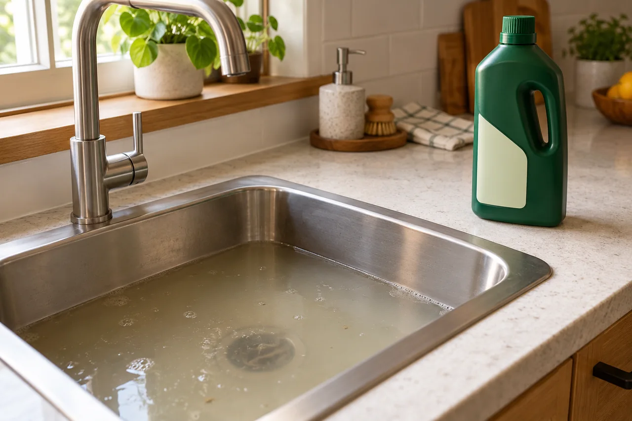 Évier contenant de l’eau stagnante, avec un flacon fermé posé sur le plan de travail.
